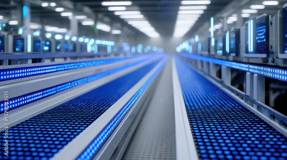 Naklejka premium Futuristic Conveyor System with Blue LED Lights in High-Tech Warehouse Environment for Efficient Processing and Logistics