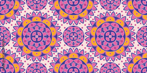Seamless pattern with traditional Indian floral ornament for fabric swatch or wrapping paper. Vector abstract kaleidoscopic background