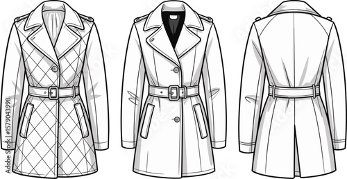 Women trench coat fashion flat sketch, front and back view, belted waist, notch lapel, quilted and plain coat design illustration
