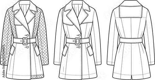 Women’s belted trench coat fashion flat sketch, front and back view, quilted sleeve design, wide collar, stylish outerwear illustration