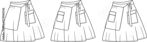 Wrap skirt flat sketch with pleated hem, side tie and utility pocket design, fashion technical drawing template for apparel design