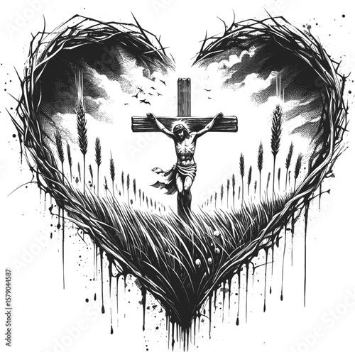 Embraced by Grace: Jesus in the Heart Jesus Christ linework vintage ink sketch hand drawn pen drawing illustration background vector