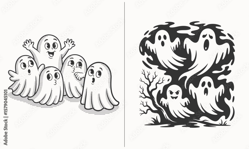 Obraz premium Adorable Cartoon Ghosts Peeking from Behind Curtains, Cute Halloween Ghost Characters with Happy Faces, Fun and Playful Halloween Illustration for Kids, Scary Yet Fun Ghost Design for Spooky Decoratio