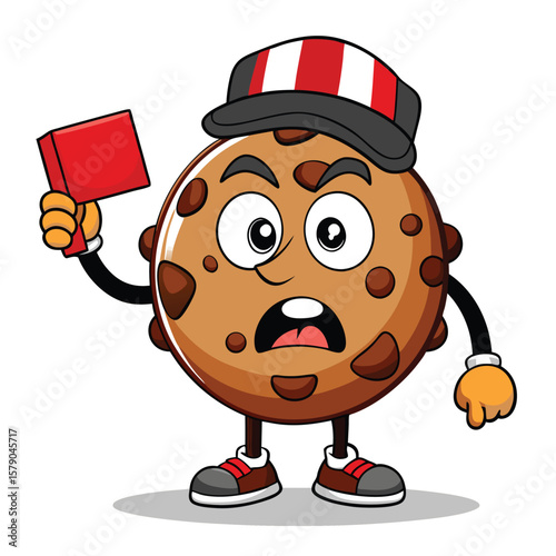 Cartoon cookie referee showing red card chocolate chip