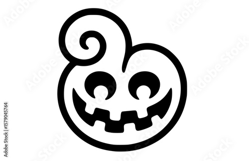 Stylized smiling pumpkin head with a curly stem, a black and white isolated logo perfect for Halloween event branding and kids' projects, svg, vector, transparent, isolated