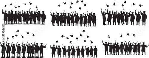 Set of graduating student silhouettes celebrating and tossing caps in the air
