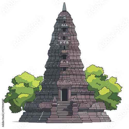Ancient Stone Pagoda with Tiered Structure and Lush Foliage