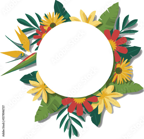 Tropical Floral Frame with Blank Circle Space