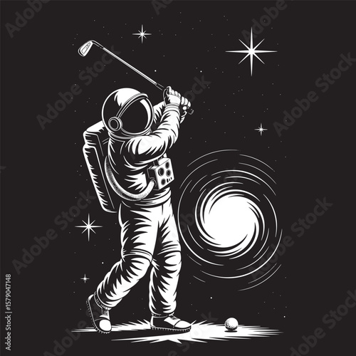 Astronaut swinging a golf club toward a glowing black hole under starry night space sky, vector illustration design.