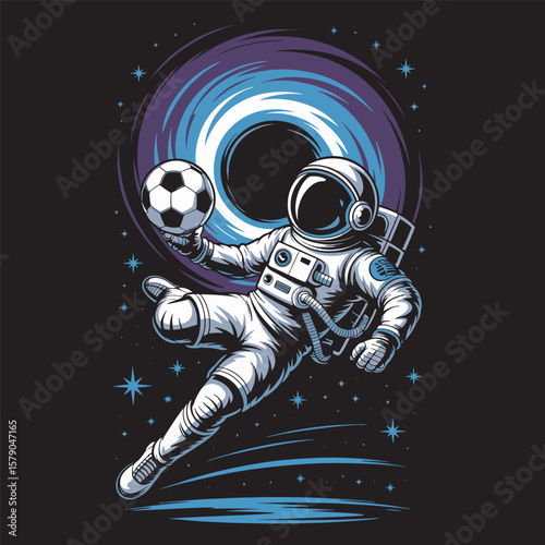Astronaut kicking a soccer ball through a wormhole in space with galactic background, vector illustration design.