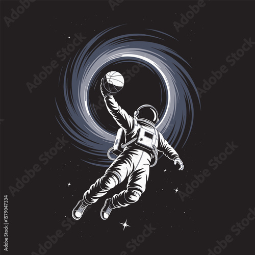 Astronaut flying through space mid-air to dunk a basketball into a swirling cosmic hoop, vector illustration design.