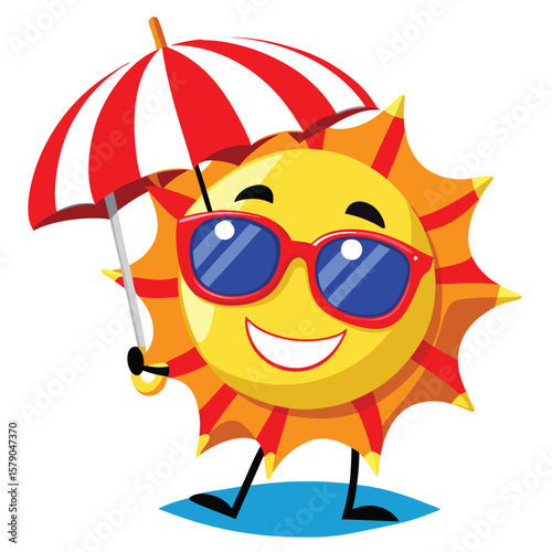 Cheerful sun character with umbrella and sunglasses