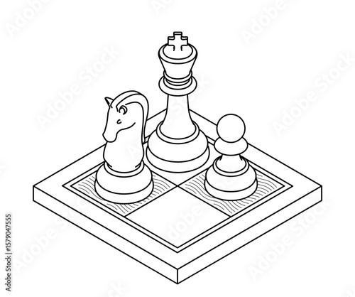 Chess isometric concept vector icon. Minimalist line art of chess pieces on board, featuring king, knight, and pawn