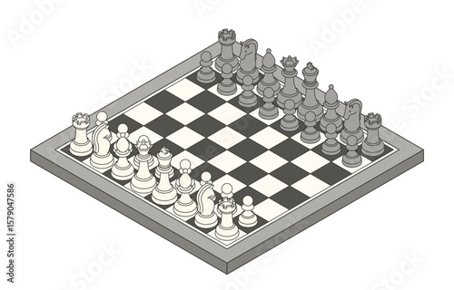 Isometric vector colored line art of a full chessboard with all pieces