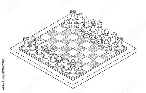 Isometric vector line art of a full chessboard with all pieces