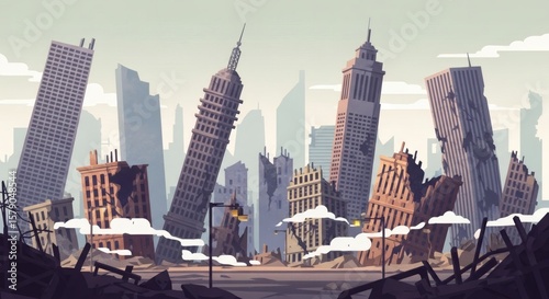 Ruined city buildings after disaster. Post apocalyptic urban landscape. Consequences of war, earthquake, hurricane, flood, or other catastrophe.