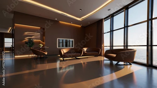 Modern living room interior design featuring floor to ceiling windows overlooking the ocean, a brown leather sofa, and minimalist design