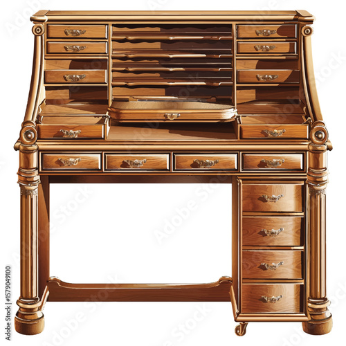 Antique Rolltop Desk with Intricate Carvings and Numerous Drawers