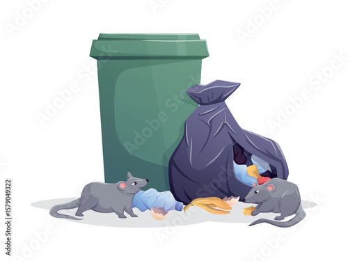 Vector illustration of garbage bin, torn trash bag, and rats. Concept of rodent infestation, food waste problems, pest control, and urban hygiene. Isolated cartoon clipart for banners and templates.