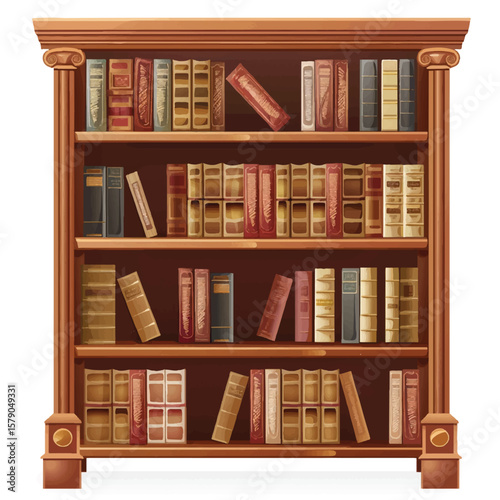 Antique Wooden Bookcase Filled with Vintage Books