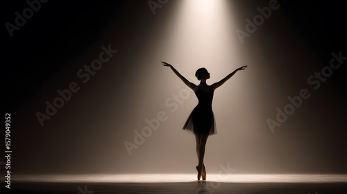 Artistic silhouette of ballerina frozen mid-pose in spotlight