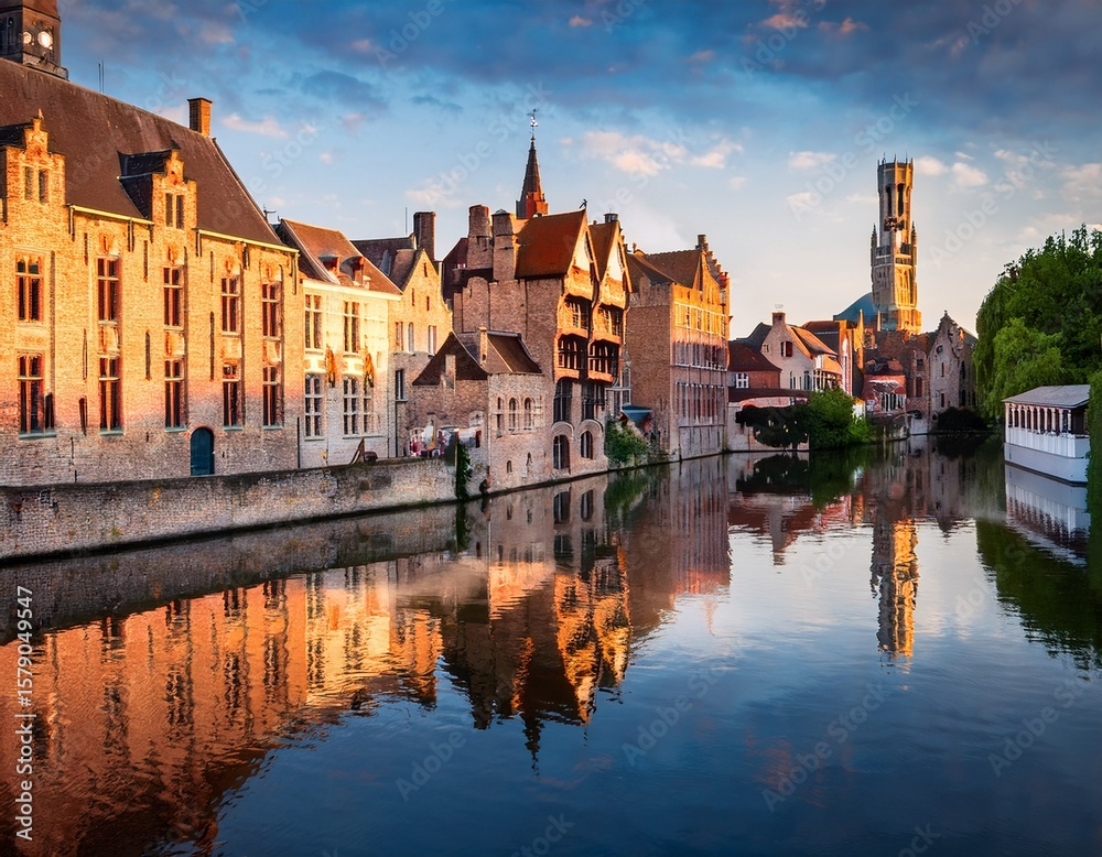 Fototapeta premium cityscape view of bruges and traditional houses reflected in water at sunrise in belgium
