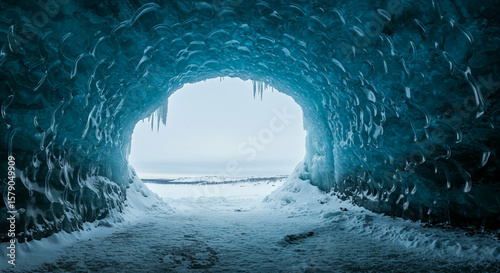 Icy cave opening onto a snowy landscape with icicles and textured walls