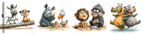 Fun watercolor Savanna animals playing together on white background  