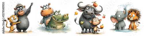 Set of fun watercolor savanna animals isolated on white background for print  