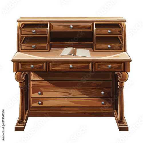 Antique Wooden Desk with Open Book Drawers and Detailed Carvings