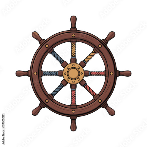 Dark wood ship wheel with center brass hub, vintage sailing steering icon. Vector illustration design.