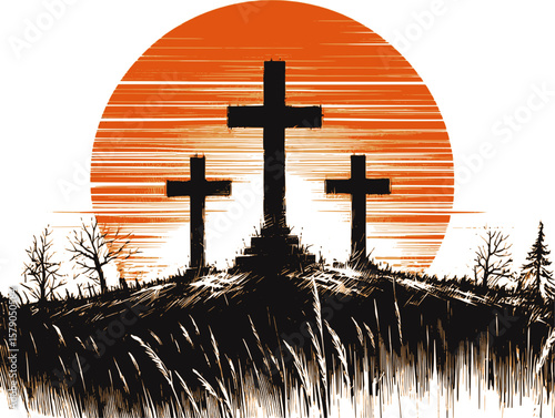Three Crosses, One Salvation 3 crosses linework vintage ink sketch hand drawn pen drawing illustration background vector