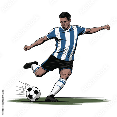 Soccer player in blue and white jersey dribbling ball in action pose. Vector illustration design.
