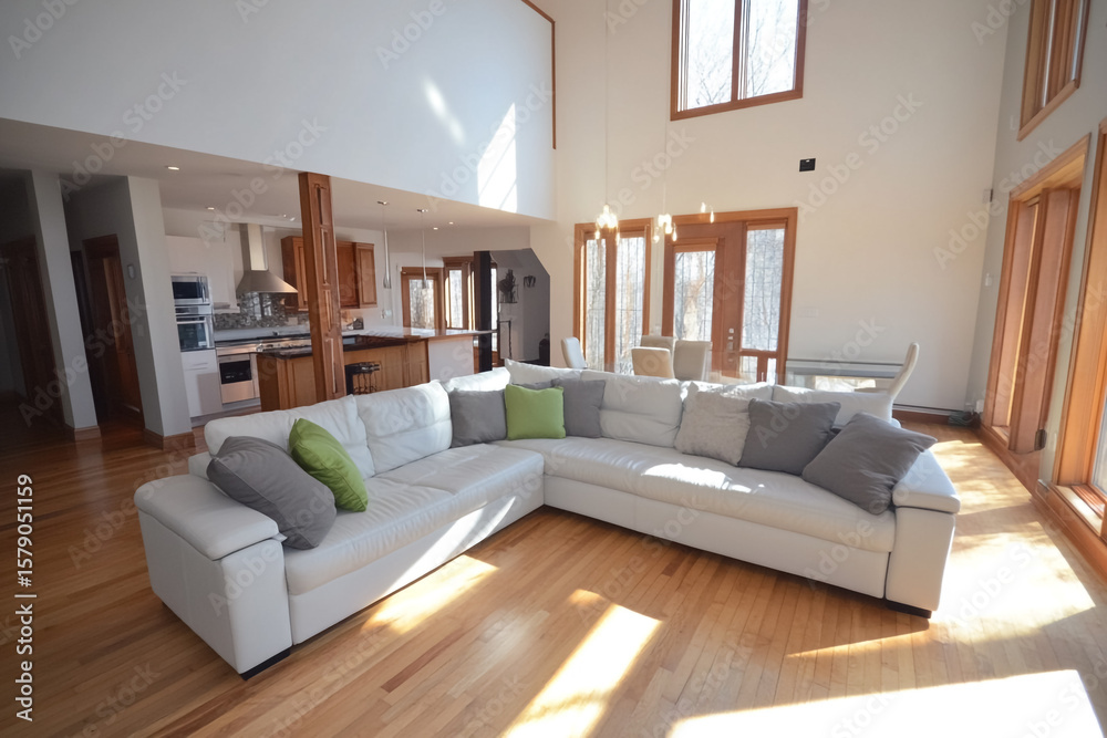 Fototapeta premium Large White L-Shaped Couch with Grey and Green Pillows