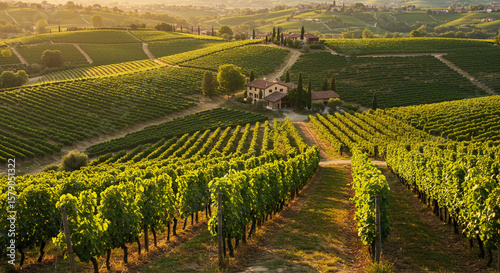 Lush vineyard rows cascade across rolling hills basking in golden sunlight with an idyllic building nestled amidst the greenery
