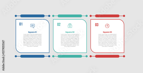 square shape base infographic diagram with creative box on horizontal direction with dot connection with 3 step for slide presentation