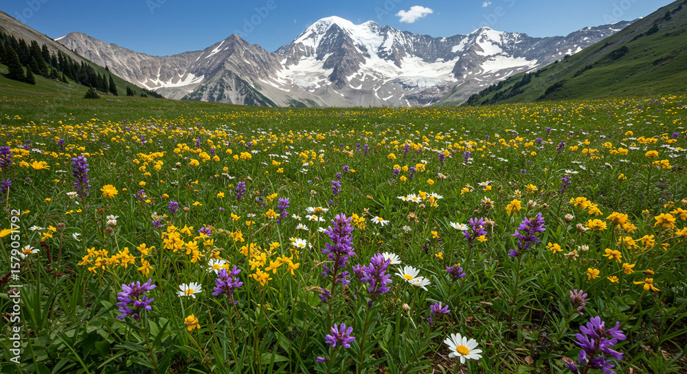 Fototapeta premium Mountain meadow blooms with yellow purple white flowers set against snowcapped mountains under a clear sky
