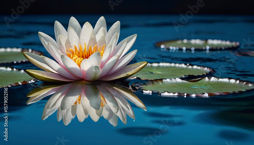 Beautiful flower white water lily, lotus on blue water background.