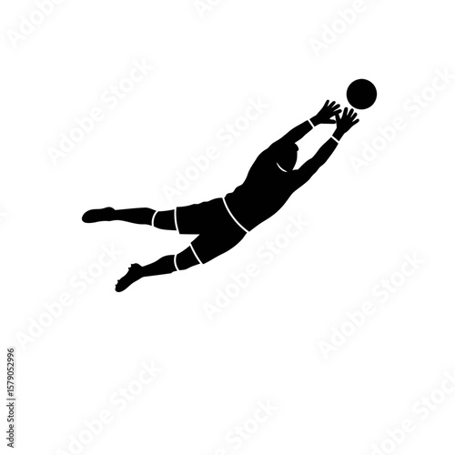 Goalkeeper's Leap: A dynamic silhouette captures a goalkeeper's athletic leap, fully extended to intercept a soccer ball in a high-stakes game.