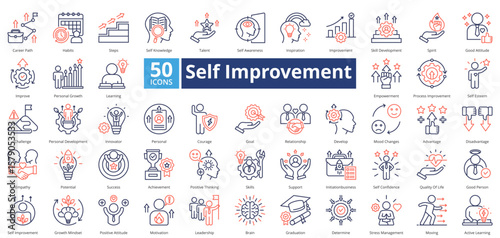 Self Improvement icon set contains 50 icons including, determine, management, moving, active learning, self improvement, growth mindset, simple vector dual tone style.