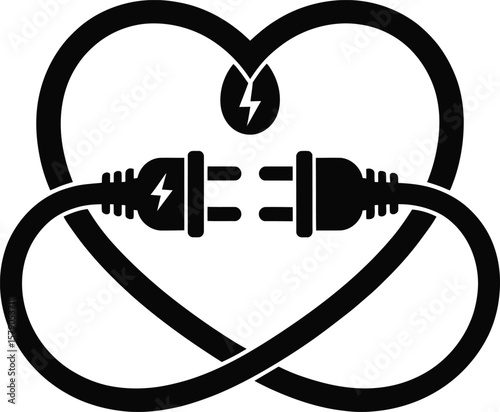 Interconnected heart shape with electric plugs and lightning bolt symbol