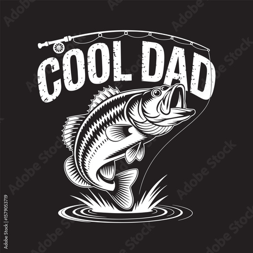 Detailed fishing bass jumping with text 'Cool Dad' for anglers. Vector illustration design.