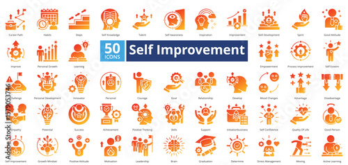 Self Improvement icon set contains 50 icons including, advantage, disadvantage, empathy, potential, success, achievement, positive, thinking, simple vector glyph gradient style.