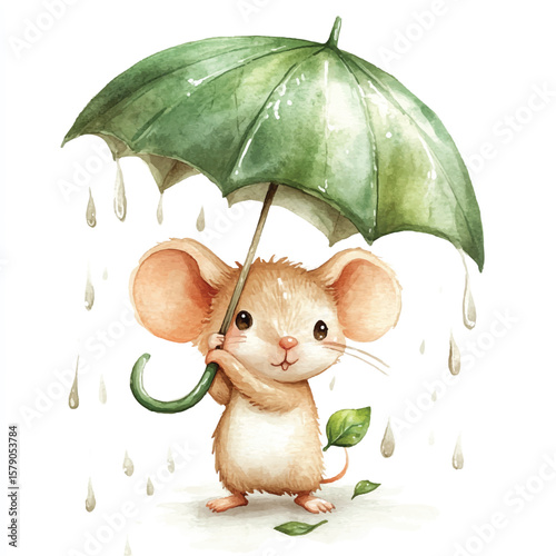 Adorable Watercolor Mouse Holding Green Umbrella in Gentle Rain Smiling