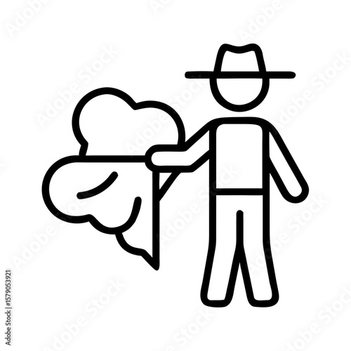 Farmer holding cotton plant with hat in linear style illustration  