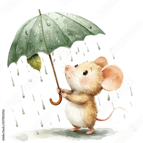 Adorable Watercolor Mouse Holding Umbrella in Gentle Rain Smiling Upward