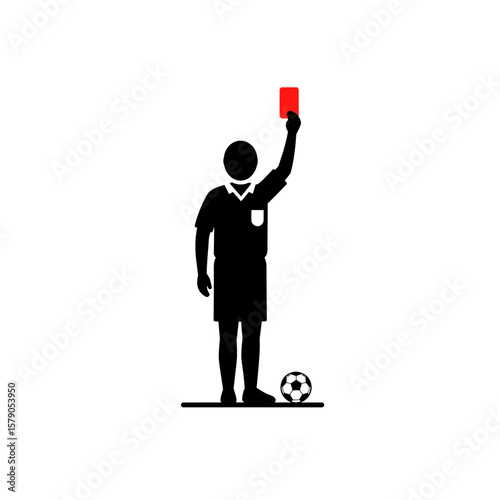 Soccer Referee's Decision: A silhouette of a soccer referee, brandishing a red card in a decisive act during a match, with a soccer ball, capturing the essence of the game.