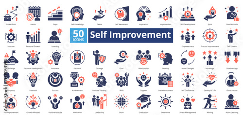 Self Improvement icon set contains 50 icons including, personal growth, learning, empowerment, process, improvement, self esteem, challenge, personal, simple vector mixed duotone style.