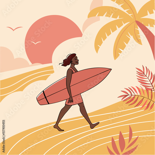 Vector Illustration of Tanned Girl with Surfboard on Beach at Sunset