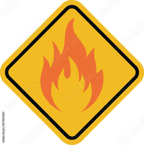 Yellow diamond warning sign with a stylized orange flame symbol